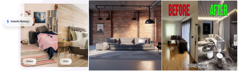 AI room redesign showing before and after interior transformation