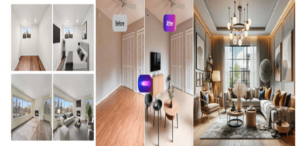 AI virtual staging transforming empty room into furnished interior