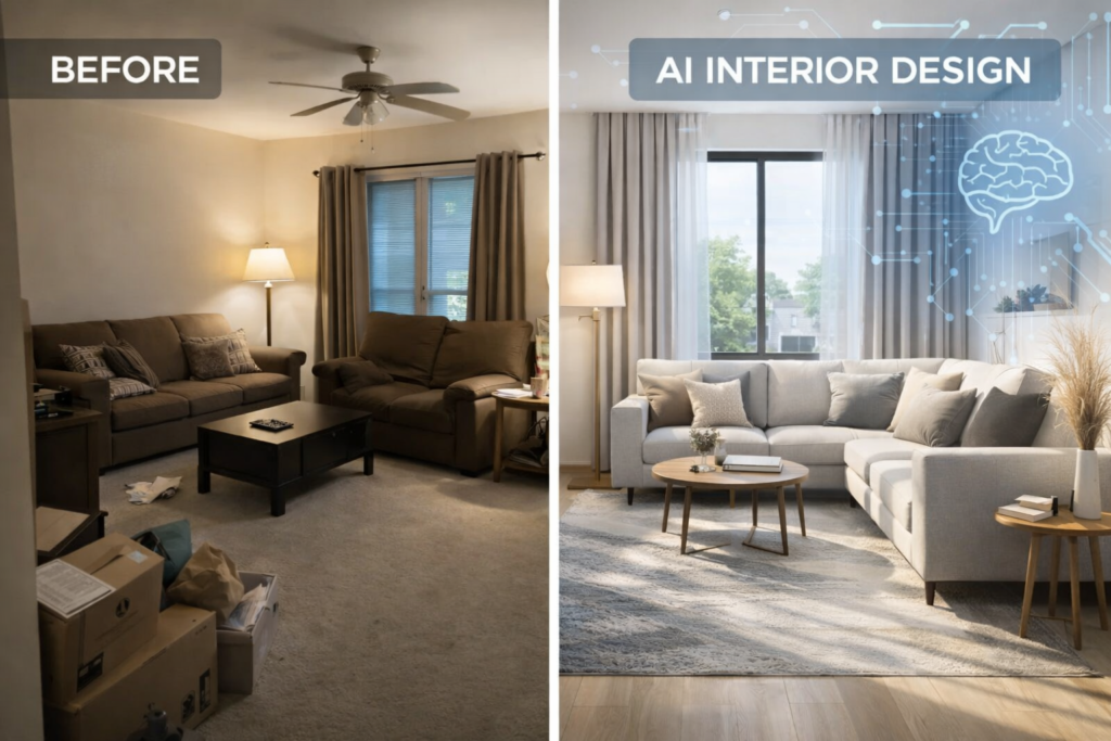 how to use AI for interior design room transformation before and after